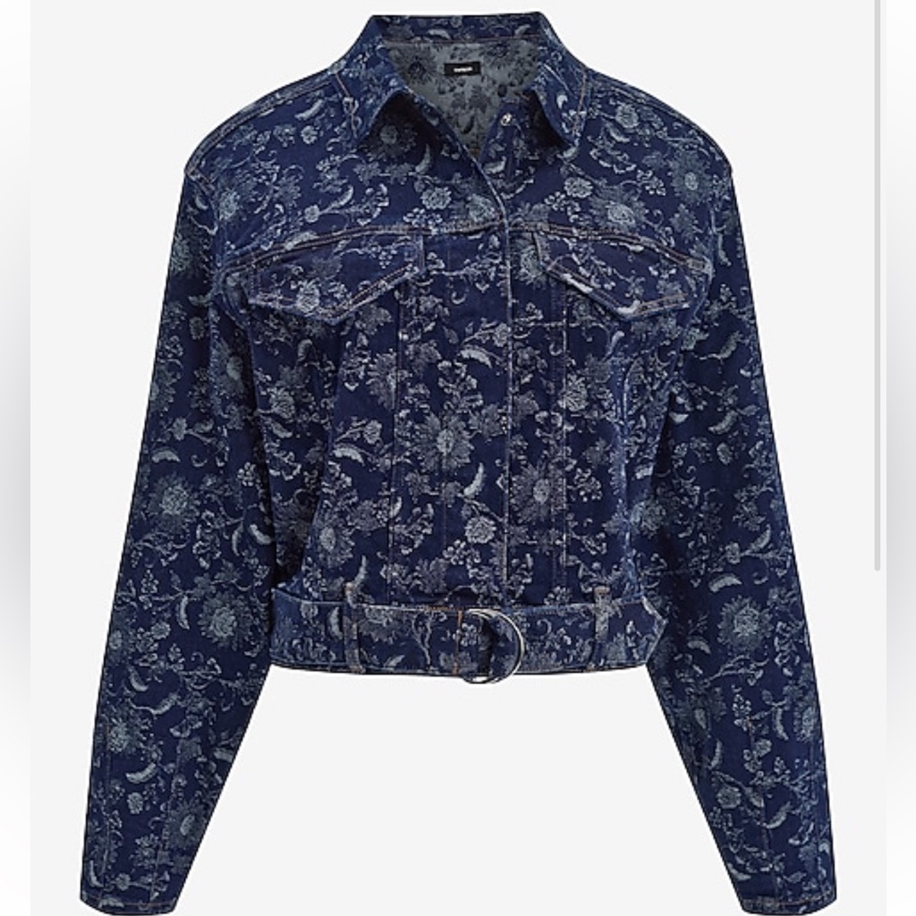 Express Floral Denim Cropped Jacket Size Large Nwt